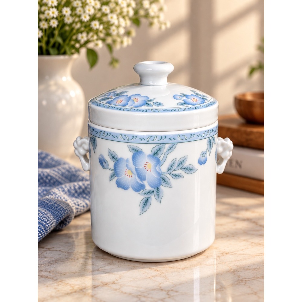 Vintage Chengs White Jade Porcelain Blue Floral Ginger Jar Double Lid Canister